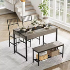4-Piece Dining Set with 2 Chairs & 1 Bench (Rectangular Table w/Double Drawers) - Ideal for Kitchen, Dining Room or Yard