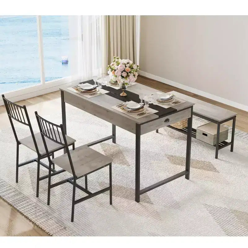 4-Piece Dining Set with 2 Chairs & 1 Bench (Rectangular Table w/Double Drawers) - Ideal for Kitchen, Dining Room or Yard