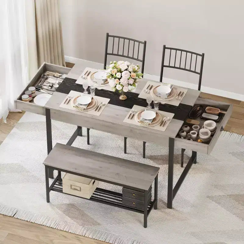 4-Piece Dining Set with 2 Chairs & 1 Bench (Rectangular Table w/Double Drawers) - Ideal for Kitchen, Dining Room or Yard