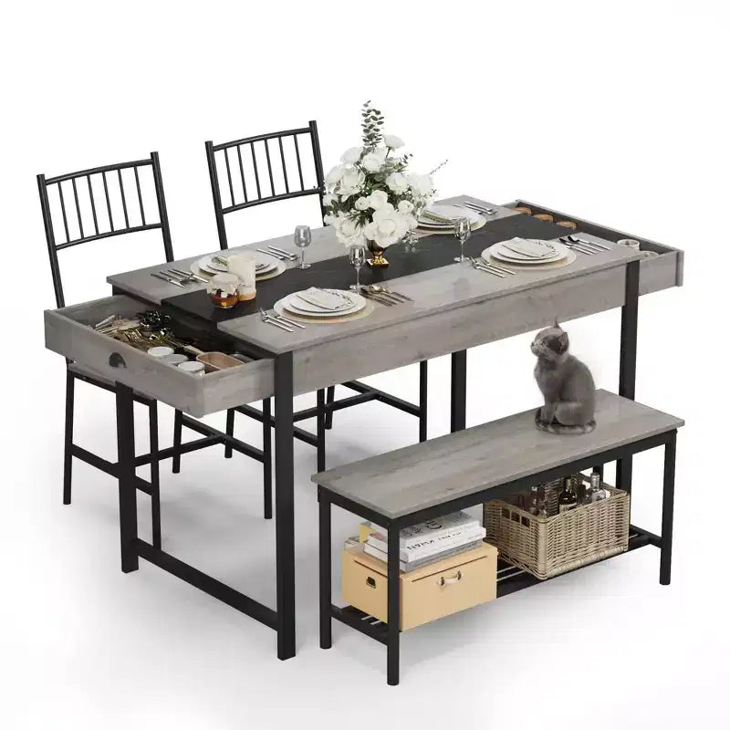 4-Piece Dining Set with 2 Chairs & 1 Bench (Rectangular Table w/Double Drawers) - Ideal for Kitchen, Dining Room or Yard