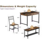 4-Piece Dining Set with 2 Chairs & 1 Bench (Rectangular Table w/Double Drawers) - Ideal for Kitchen, Dining Room or Yard