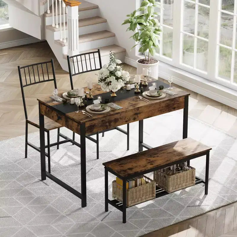 4-Piece Dining Set with 2 Chairs & 1 Bench (Rectangular Table w/Double Drawers) - Ideal for Kitchen, Dining Room or Yard