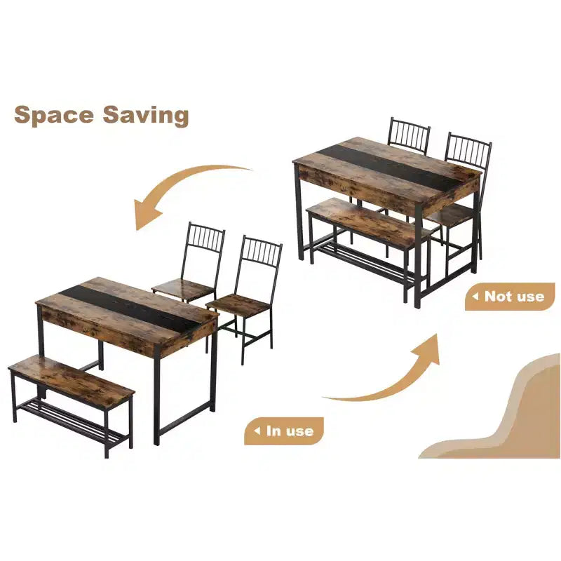 4-Piece Dining Set with 2 Chairs & 1 Bench (Rectangular Table w/Double Drawers) - Ideal for Kitchen, Dining Room or Yard