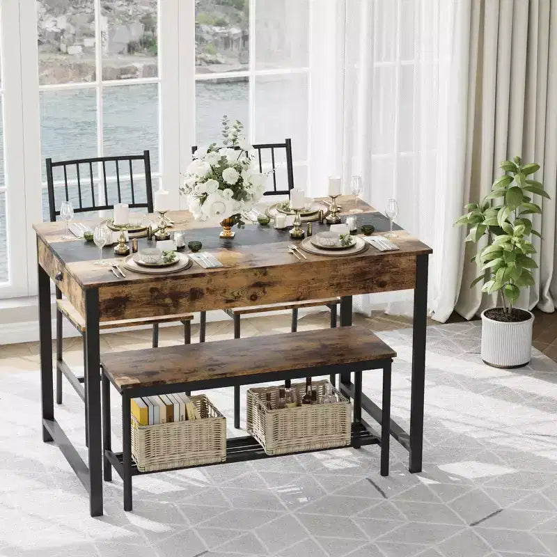 4-Piece Dining Set with 2 Chairs & 1 Bench (Rectangular Table w/Double Drawers) - Ideal for Kitchen, Dining Room or Yard