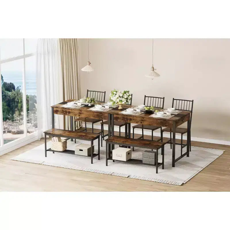 4-Piece Dining Set with 2 Chairs & 1 Bench (Rectangular Table w/Double Drawers) - Ideal for Kitchen, Dining Room or Yard