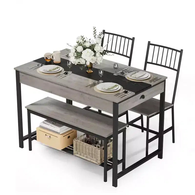 4-Piece Dining Set with 2 Chairs & 1 Bench (Rectangular Table w/Double Drawers) - Ideal for Kitchen, Dining Room or Yard