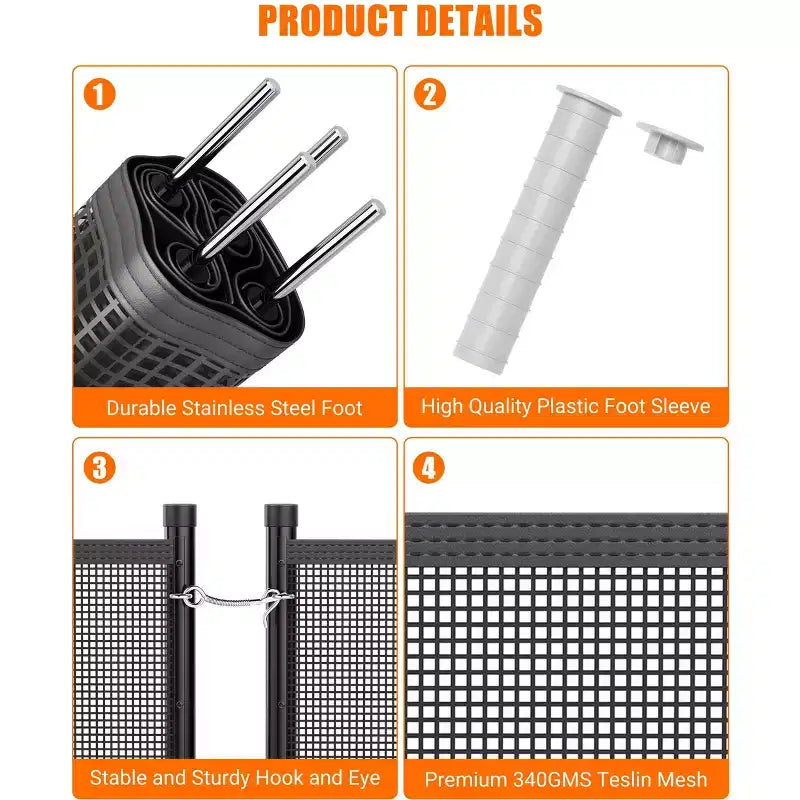 4x108FT Heavy Duty Removable Pool Fence,PVC Mesh Safety Barrier,Easy DIY Install,Child Pet Protection,Stainless Steel Feet