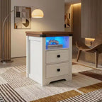 Homy Casa 2 Drawer Nightstand, Modern Side End Table with Charging Station and LED Light, White