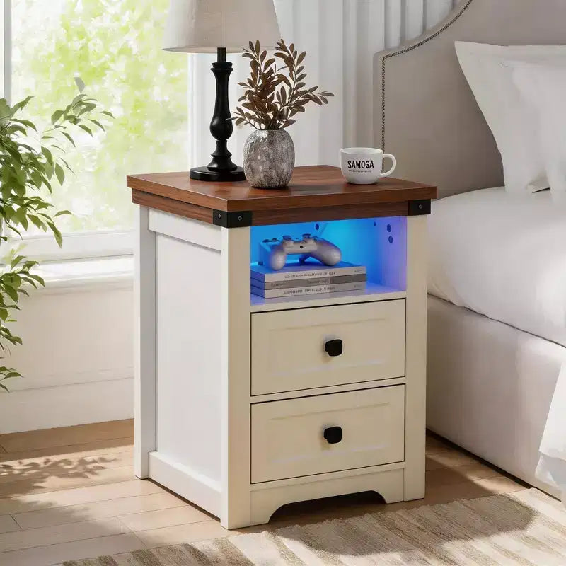 Homy Casa 2 Drawer Nightstand, Modern Side End Table with Charging Station and LED Light, White