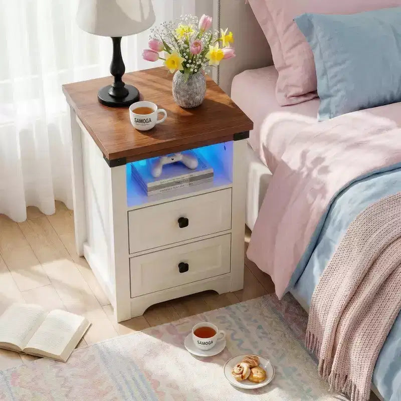 Homy Casa 2 Drawer Nightstand, Modern Side End Table with Charging Station and LED Light, White