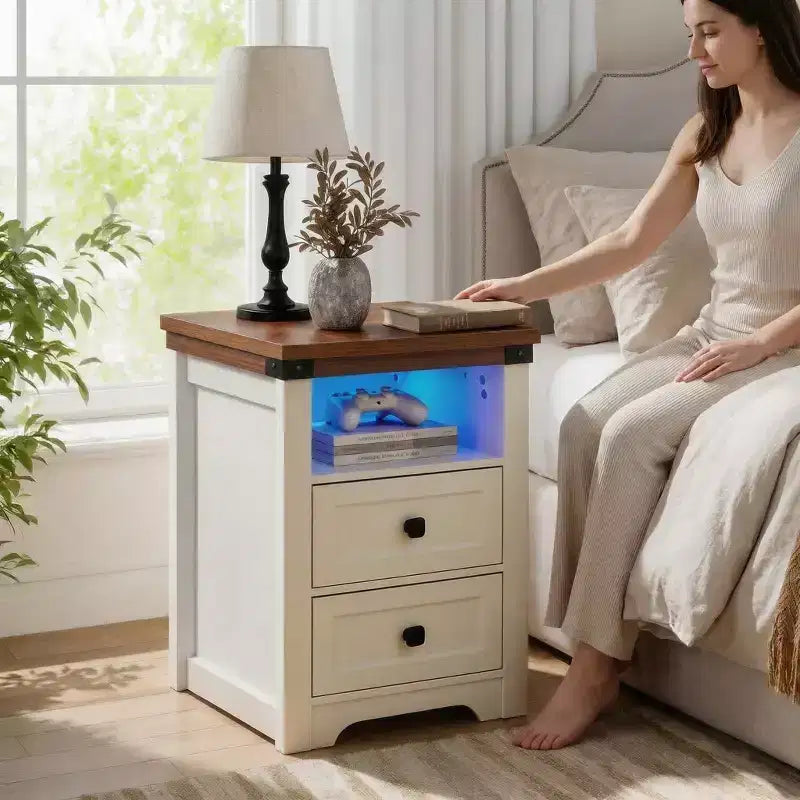 Homy Casa 2 Drawer Nightstand, Modern Side End Table with Charging Station and LED Light, White