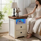 Homy Casa 2 Drawer Nightstand, Modern Side End Table with Charging Station and LED Light, White