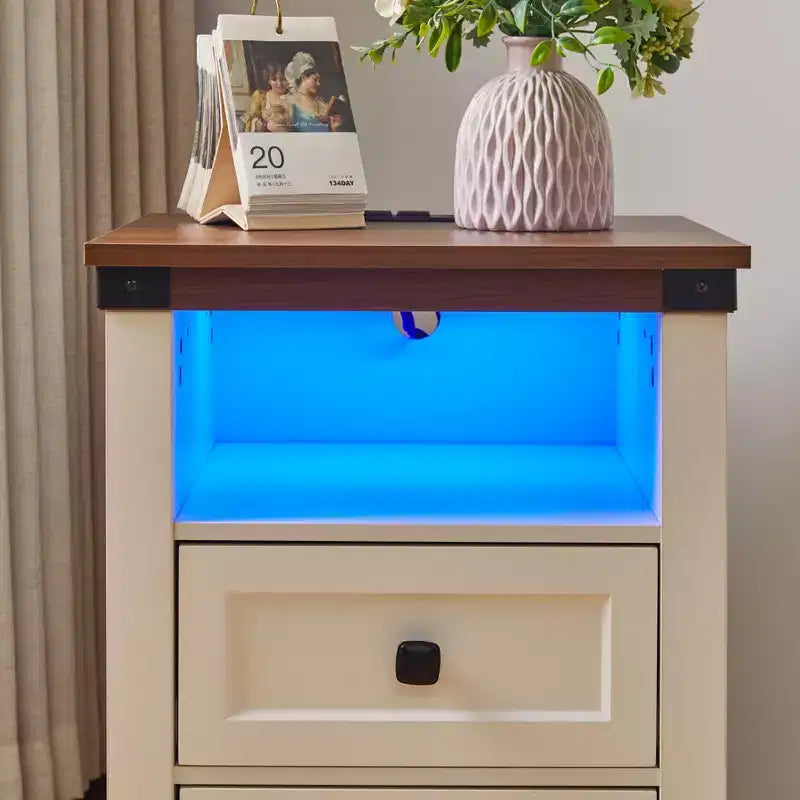 Homy Casa 2 Drawer Nightstand, Modern Side End Table with Charging Station and LED Light, White