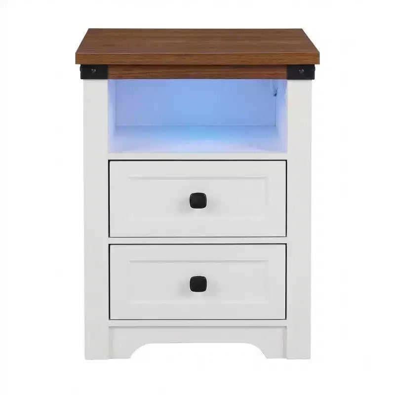Homy Casa 2 Drawer Nightstand, Modern Side End Table with Charging Station and LED Light, White
