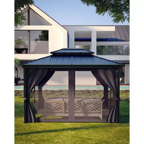 12*14FT Hardtop Gazebo with Double Metal Roof All Weather Outdoor Pavilion Canopy for Patio Deck Backyard with Netting and Privacy Curtains