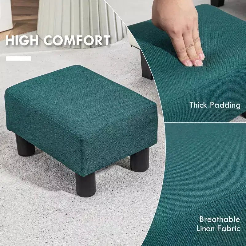Small Cube Ottoman Foot Stool with Linen Fabric Upholstery - Green