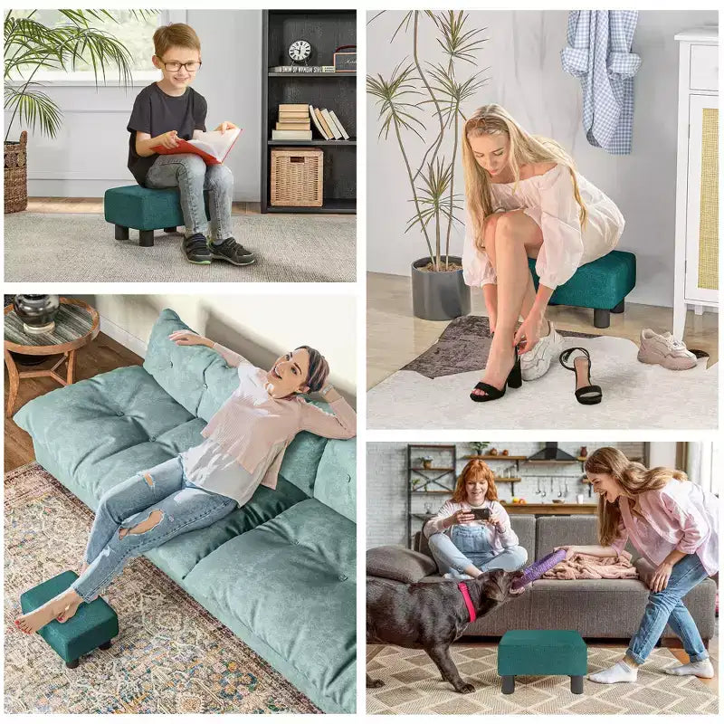 Small Cube Ottoman Foot Stool with Linen Fabric Upholstery - Green