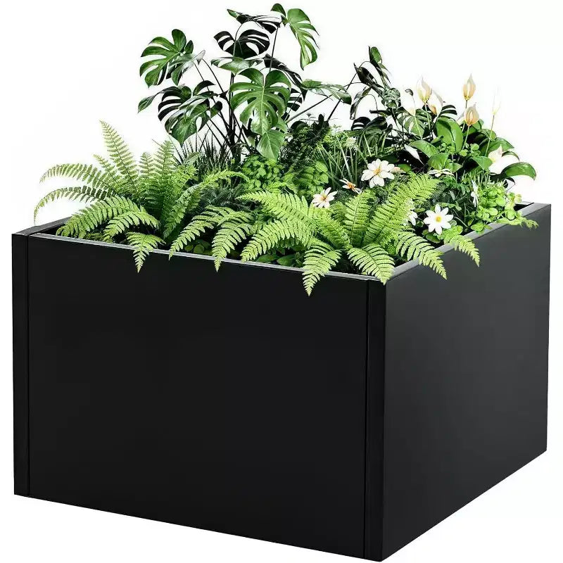 Metal Raised Garden Bed, Black Square Planter Box Outdoor with Removable Shelf & Open Base, Heavy Duty Trough Planter for Vegetables Flowers Herbs