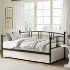 COZONY Daybed with Trundle, Twin Metal Sofa Bed with Steel Slats, Arched Headboard, Space-Saving Guest Bed for Living Room Bedroom, Black