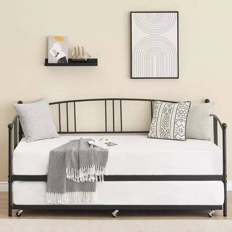 COZONY Daybed with Trundle, Twin Metal Sofa Bed with Steel Slats, Arched Headboard, Space-Saving Guest Bed for Living Room Bedroom, Black