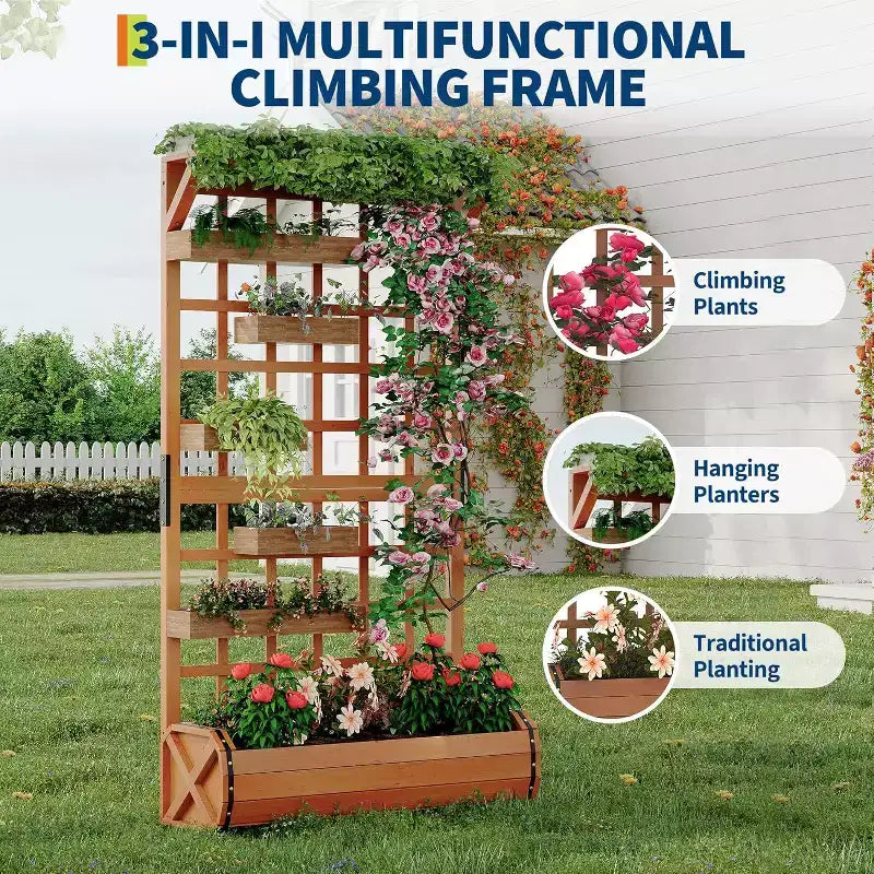67 Tall Raised Garden Bed with Trellis & Roof, Wooden Planter Box for Climbing Plants, Large Indoor Outdoor Garden Bed for Vegetables Herbs Flowers