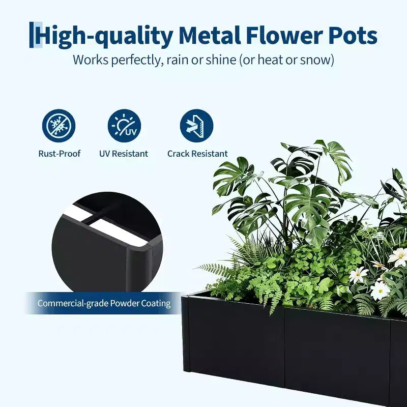 Extra Long Open Base Metal Raised Bed  Modern Metal, Tool-Free Snap-On Assembly, Rounded Corners, Open Base, Drainage Holes, For Patio,Balcony,Yard