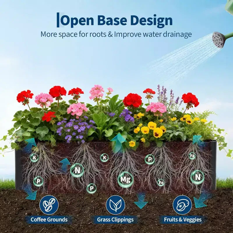 Extra Long Open Base Metal Raised Bed  Modern Metal, Tool-Free Snap-On Assembly, Rounded Corners, Open Base, Drainage Holes, For Patio,Balcony,Yard