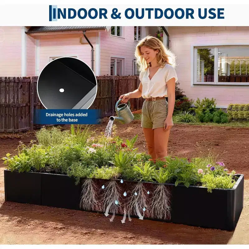 Extra Long Open Base Metal Raised Bed  Modern Metal, Tool-Free Snap-On Assembly, Rounded Corners, Open Base, Drainage Holes, For Patio,Balcony,Yard