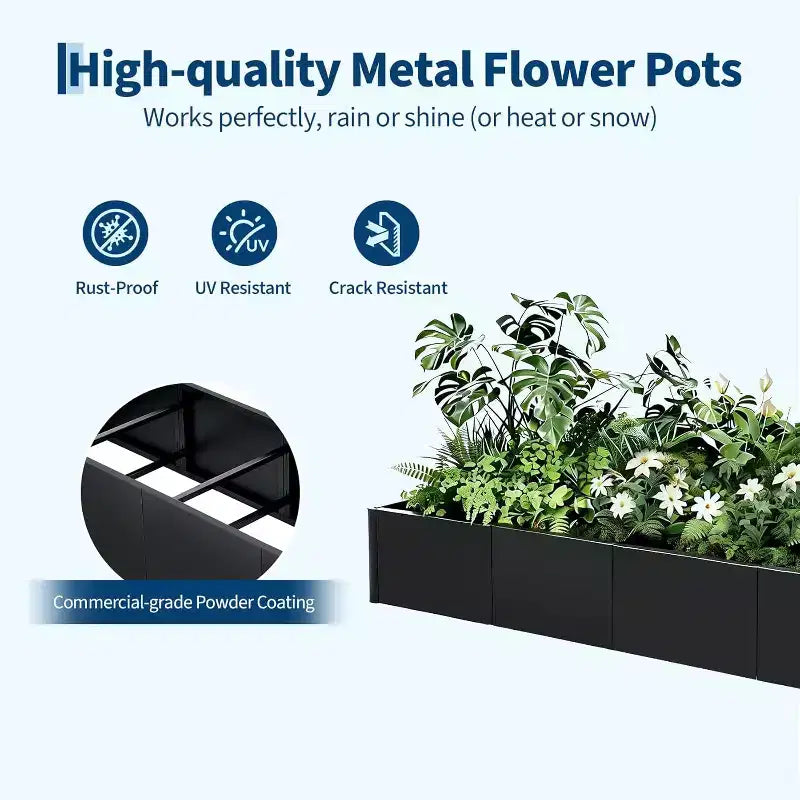 Extra Long Open Base Metal Raised Bed  Modern Metal, Tool-Free Snap-On Assembly, Rounded Corners, Open Base, Drainage Holes, For Patio,Balcony,Yard