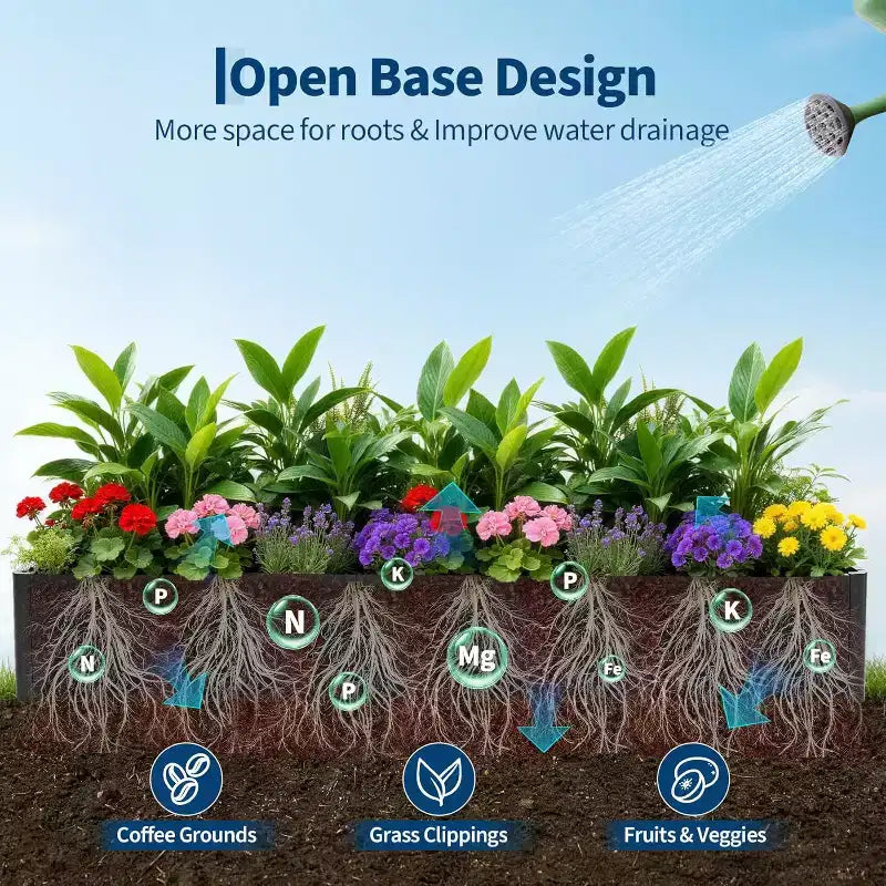 Extra Long Open Base Metal Raised Bed  Modern Metal, Tool-Free Snap-On Assembly, Rounded Corners, Open Base, Drainage Holes, For Patio,Balcony,Yard