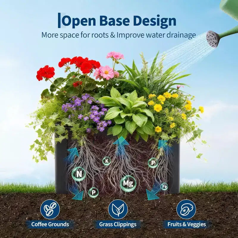 Extra Long Open Base Metal Raised Bed  Modern Metal, Tool-Free Snap-On Assembly, Rounded Corners, Open Base, Drainage Holes, For Patio,Balcony,Yard