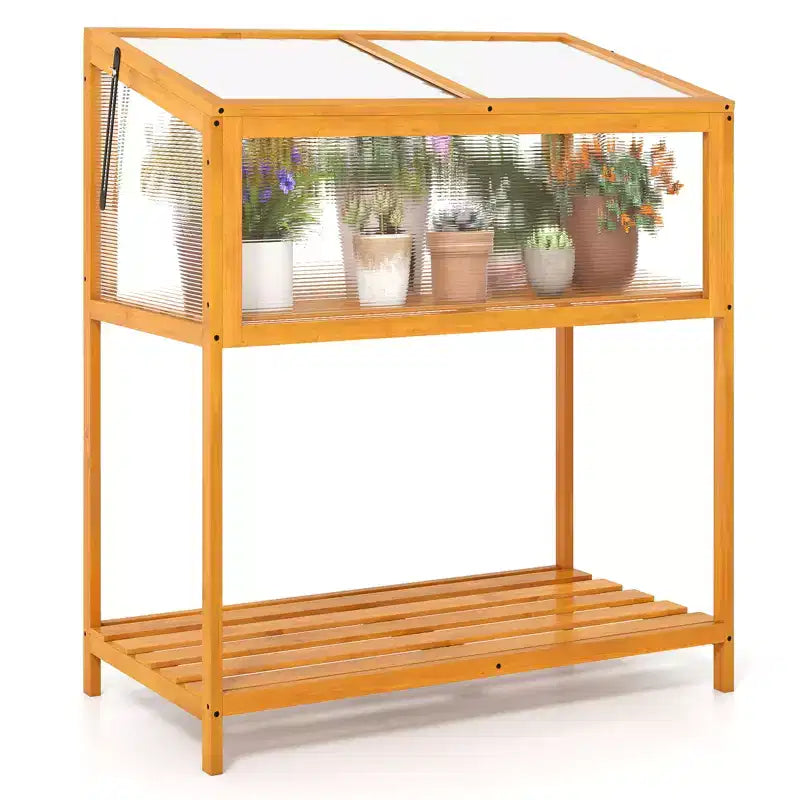 Costway Wood Cold Frame Greenhouse w/Transparent Openable Roof & Slatted Storage Shelf