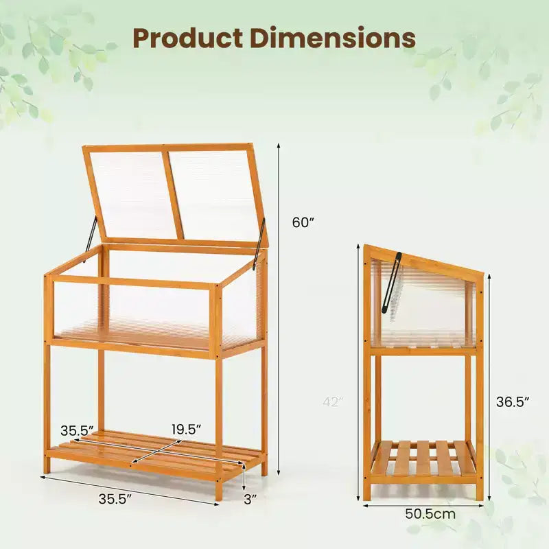 Costway Wood Cold Frame Greenhouse w/Transparent Openable Roof & Slatted Storage Shelf