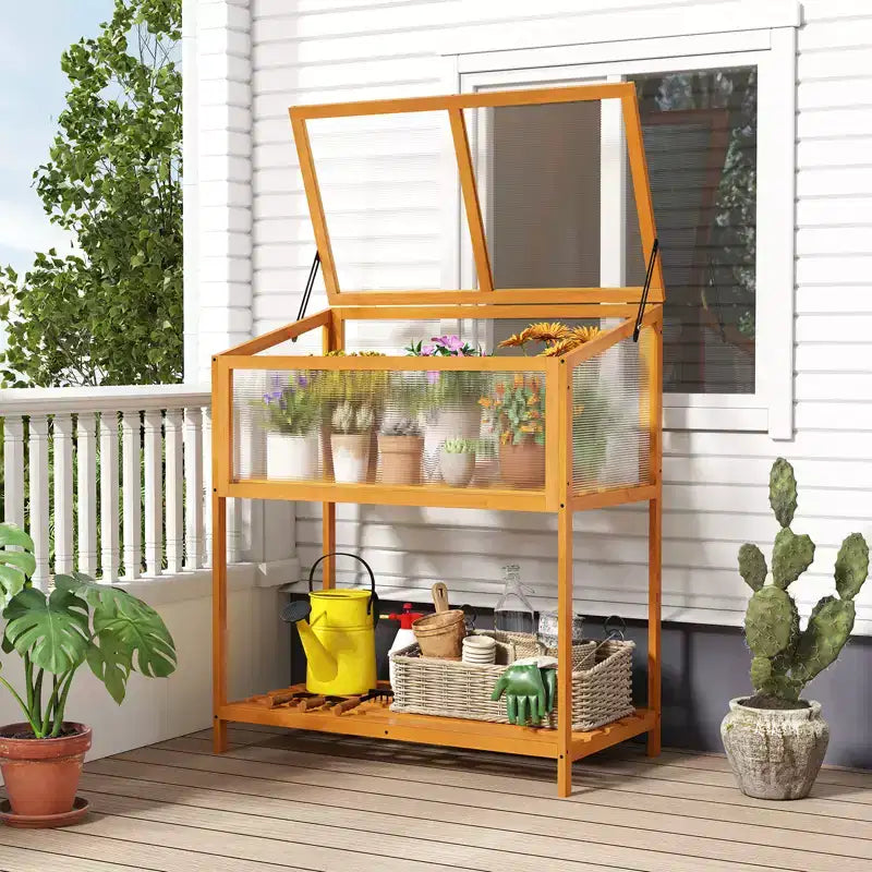 Costway Wood Cold Frame Greenhouse w/Transparent Openable Roof & Slatted Storage Shelf