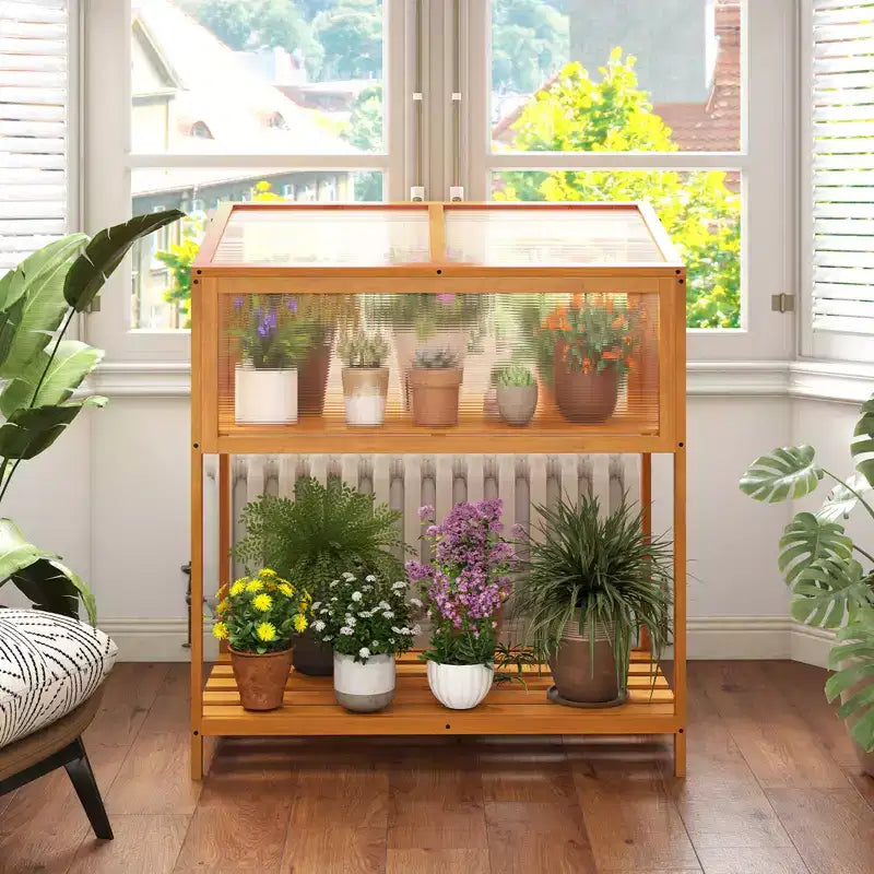 Costway Wood Cold Frame Greenhouse w/Transparent Openable Roof & Slatted Storage Shelf