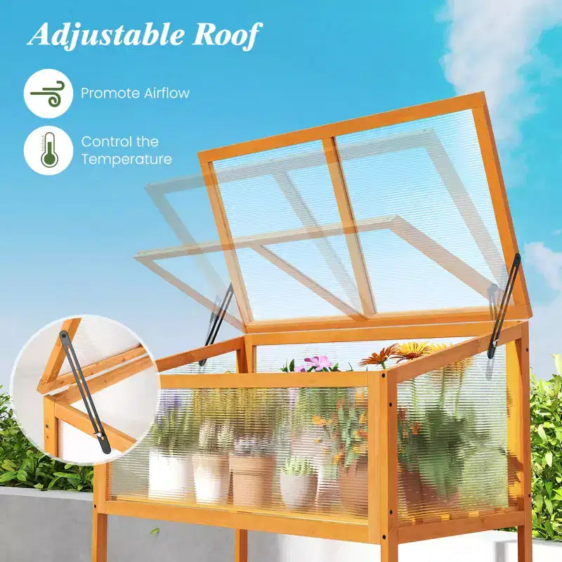 Costway Wood Cold Frame Greenhouse w/Transparent Openable Roof & Slatted Storage Shelf
