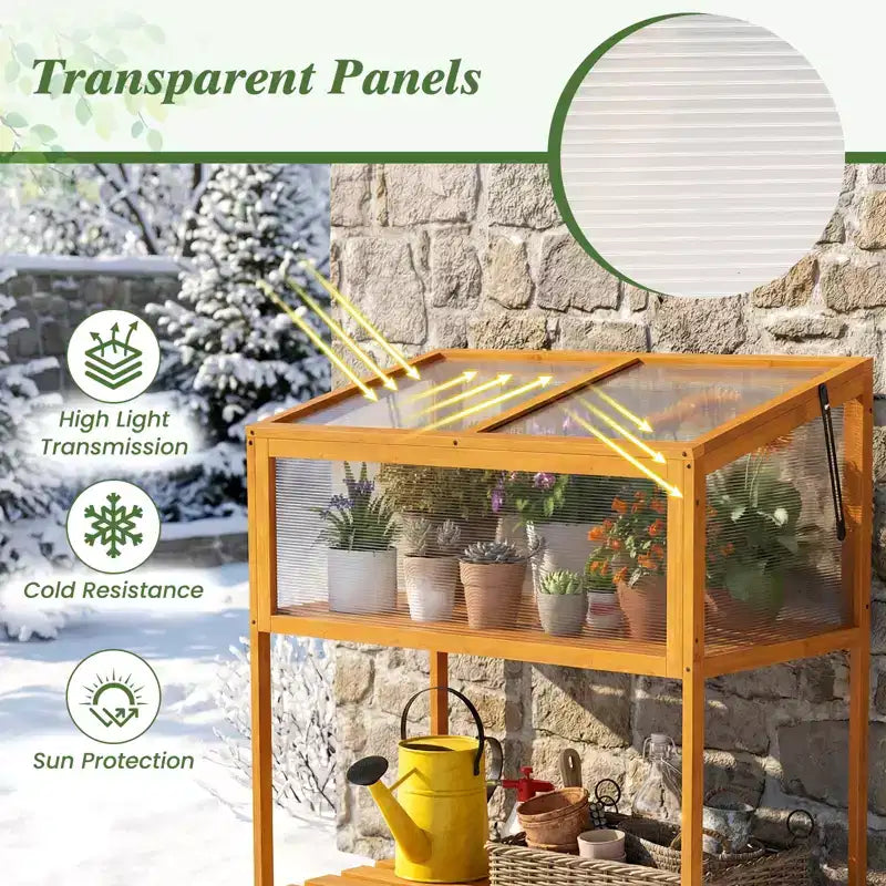 Costway Wood Cold Frame Greenhouse w/Transparent Openable Roof & Slatted Storage Shelf