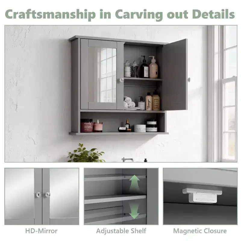 Bathroom Wall Cabinet With 2 Mirror Doors And 1 Shelf