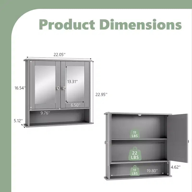 Bathroom Wall Cabinet With 2 Mirror Doors And 1 Shelf