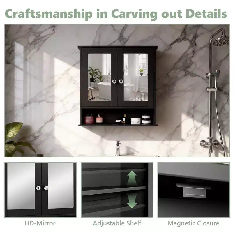 Bathroom Wall Cabinet With 2 Mirror Doors And 1 Shelf