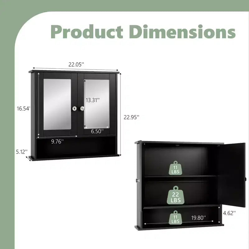 Bathroom Wall Cabinet With 2 Mirror Doors And 1 Shelf