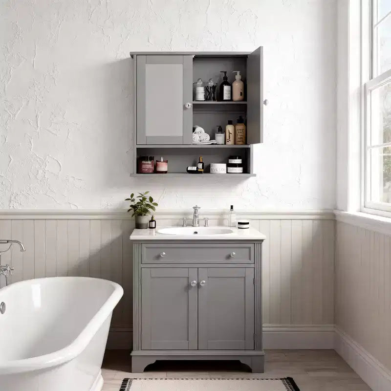 Bathroom Wall Cabinet With 2 Mirror Doors And 1 Shelf