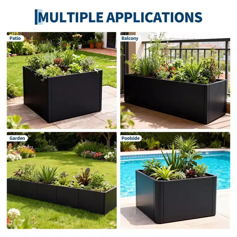 Acekool Square Metal Planter Box with Drainage Base and Tool Free Snap Assembly for Patio Balcony Garden