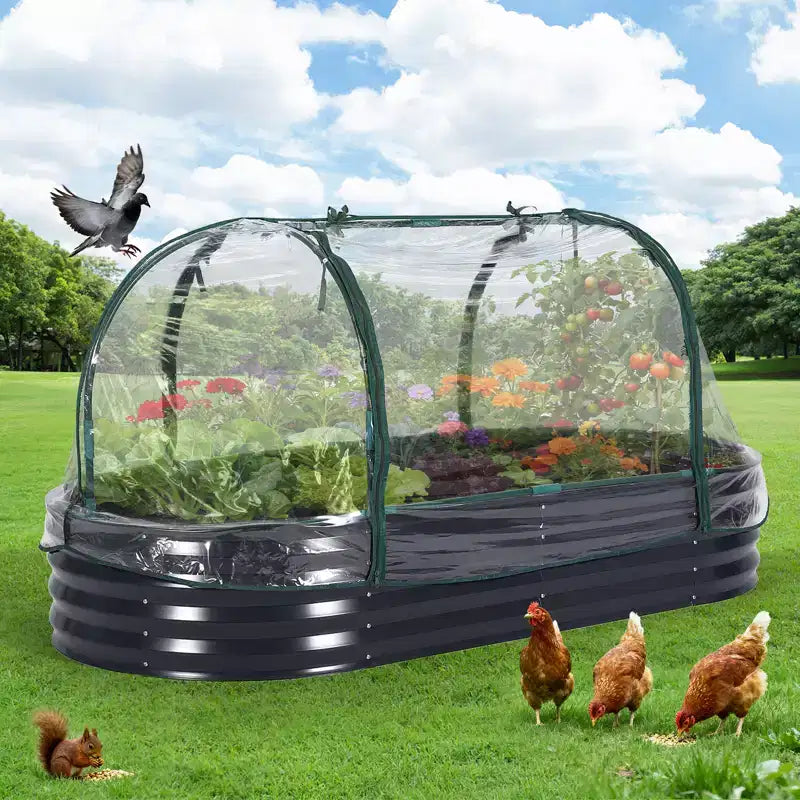 Acekool Oval Raised Garden Bed with Zippered PVC Cover & Open Base, Galvanized Steel Planter for Patio Garden