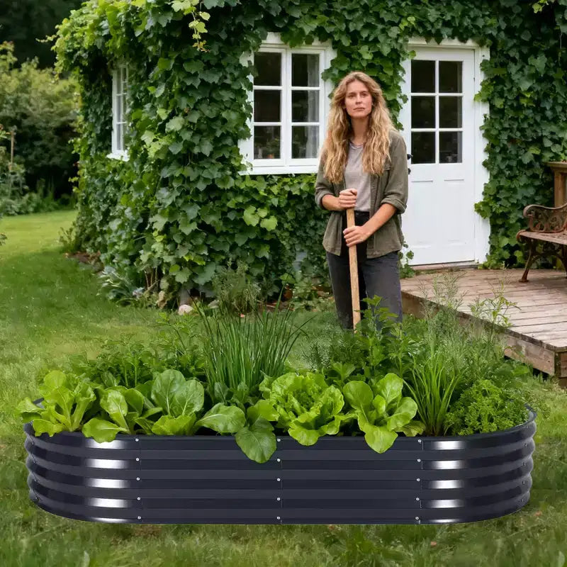 Acekool Oval Raised Garden Bed with Zippered PVC Cover & Open Base, Galvanized Steel Planter for Patio Garden