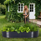 Acekool Oval Raised Garden Bed with Zippered PVC Cover & Open Base, Galvanized Steel Planter for Patio Garden