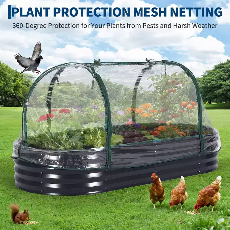 Acekool Oval Raised Garden Bed with Zippered PVC Cover & Open Base, Galvanized Steel Planter for Patio Garden