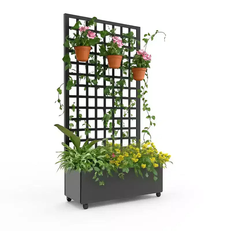 Acekool Black Mobile Galvanized Planter Box with Square Trellis, Wheels and Drainage for Patio Balcony Yard