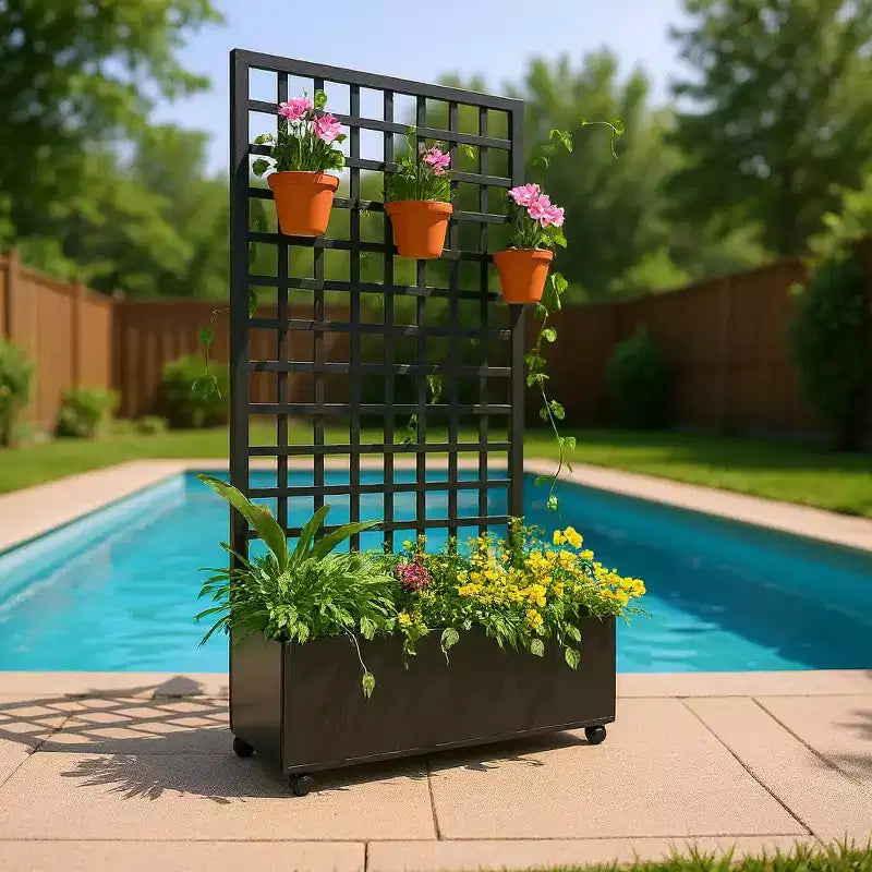 Acekool Black Mobile Galvanized Planter Box with Square Trellis, Wheels and Drainage for Patio Balcony Yard