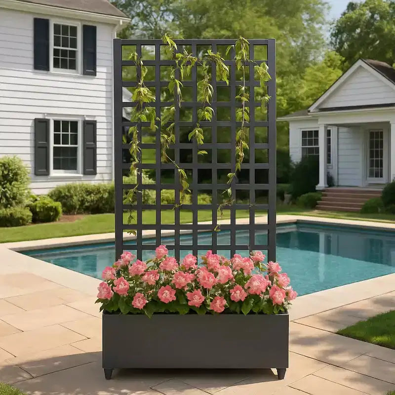 Acekool Black Mobile Galvanized Planter Box with Square Trellis, Wheels and Drainage for Patio Balcony Yard